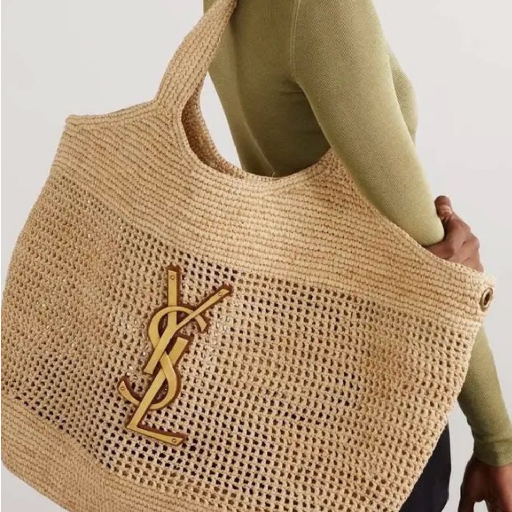 Yves Saint Laurent Natural Beige Woven Raffia Tote with Gold YSL Logo